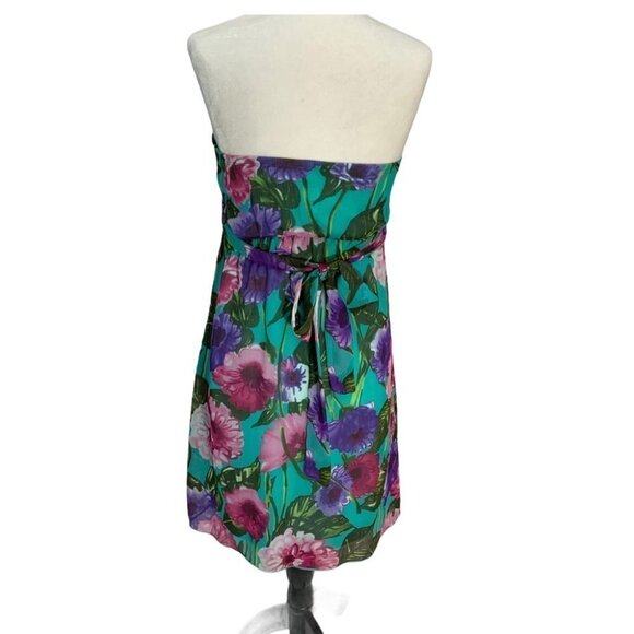 NAPOLI🌺STRAPLESS Blue  Floral Lined Dress Mini Size S - Picture 3 of 8